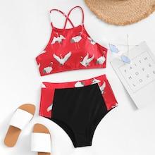Shein Criss Cross Crane Print Bikini Set