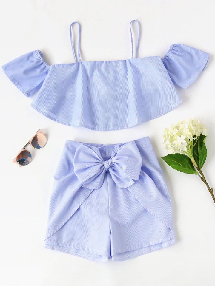 Shein Vertical Striped Crop Top With Bow Detail Shorts