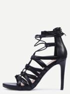 Shein Snake Embossed Lace-up Heeled Sandals - Black