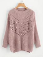 Shein Pearl Beading Laddering Back Sweater