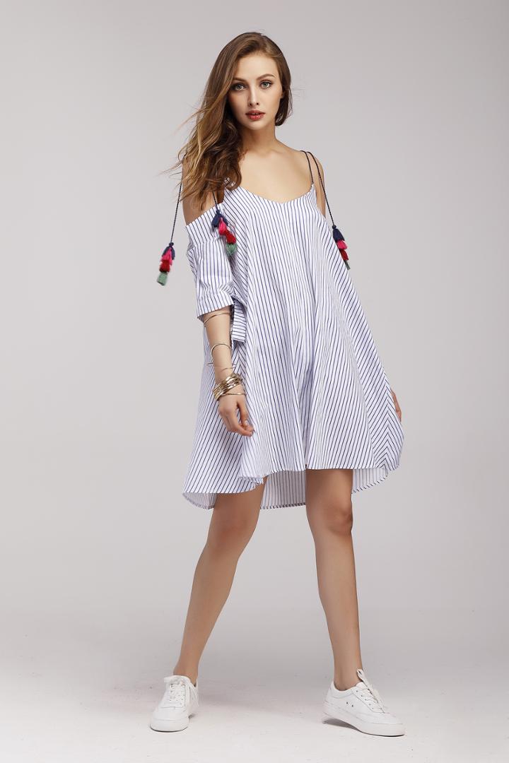 Shein Vertical Pinstripe Tassel Tie Cold Shoulder Dress