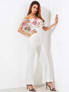 Shein Embroidered Mesh Flounce Trim Tailored Flare Jumpsuit