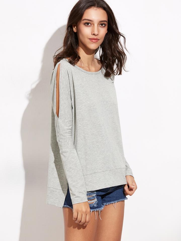Shein Heather Grey Split Sleeve High Low T-shirt