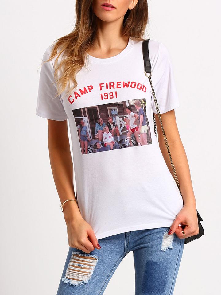 Shein White Crew Neck Picture Print T-shirt