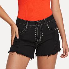 Shein Frayed Hem Rivet Detail Denim Shorts