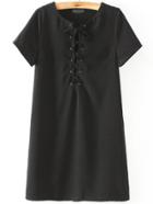 Shein Black Short Sleeve Lace Up Dress