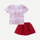 Shein Girls Line Print Tee With Plain Pleated Skirt