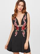 Shein Black Deep V Neck Flower Embroidered Patches A-line Dress