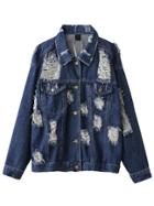 Shein Blue Ripped Denim Jacket With Pockets