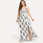 Shein Plus Graphic Print Split Contrast Lace Dress