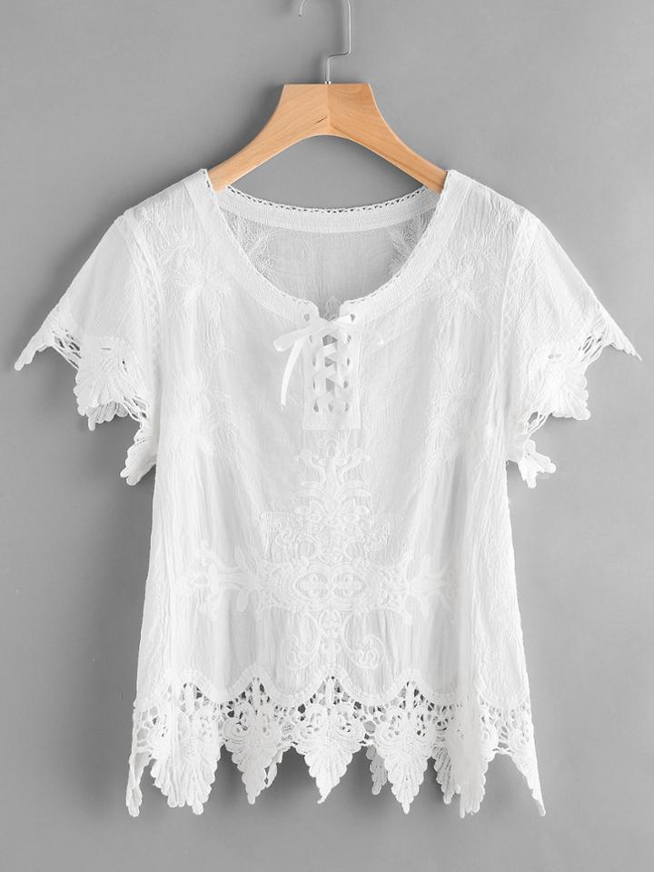 Shein Lace Up Front Crochet Trim Embroidered Top