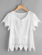 Shein Lace Up Front Crochet Trim Embroidered Top