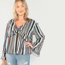 Shein Plus Bell Sleeve Ruffle Trim Striped Blouse