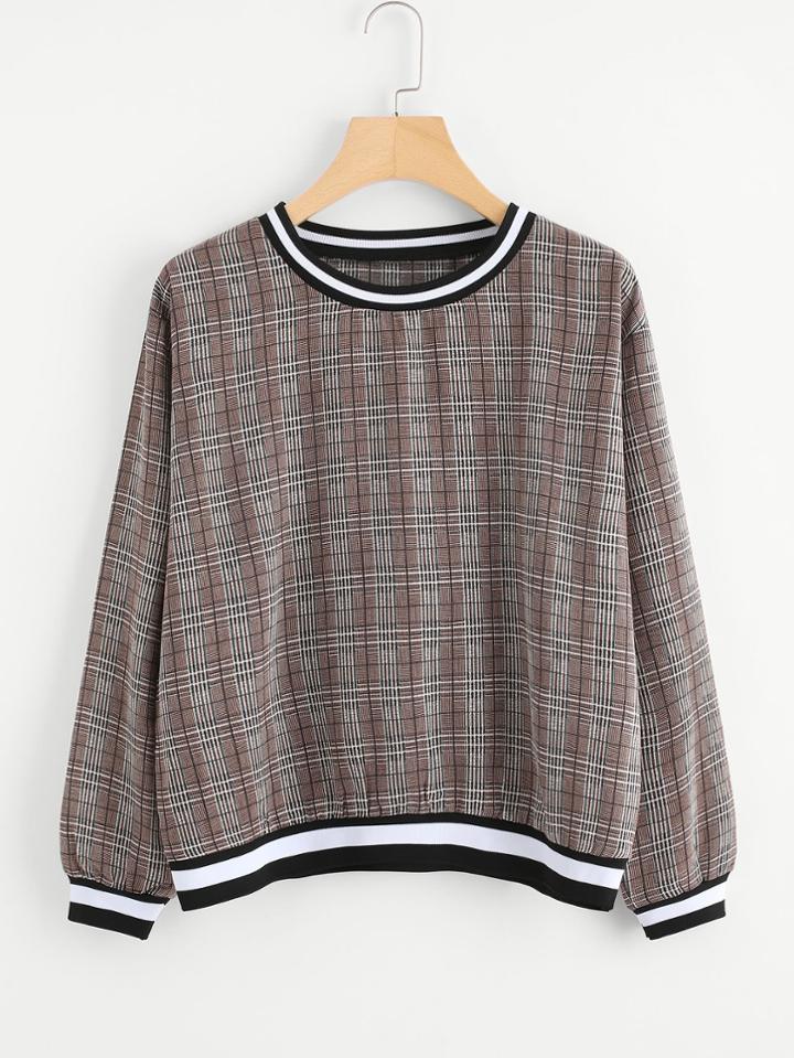 Shein Contrast Stripe Trim Wales Check Pullover