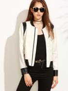 Shein White Faux Leather Contrast Panel Bomber Jacket