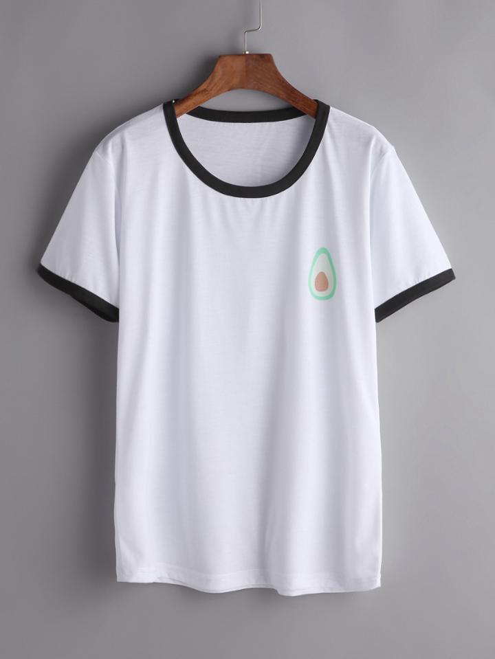 Shein White Contrast Trim Printed T-shirt
