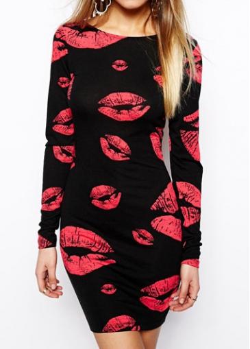 Rosewe Lip Print Long Sleeve Sheath Dress