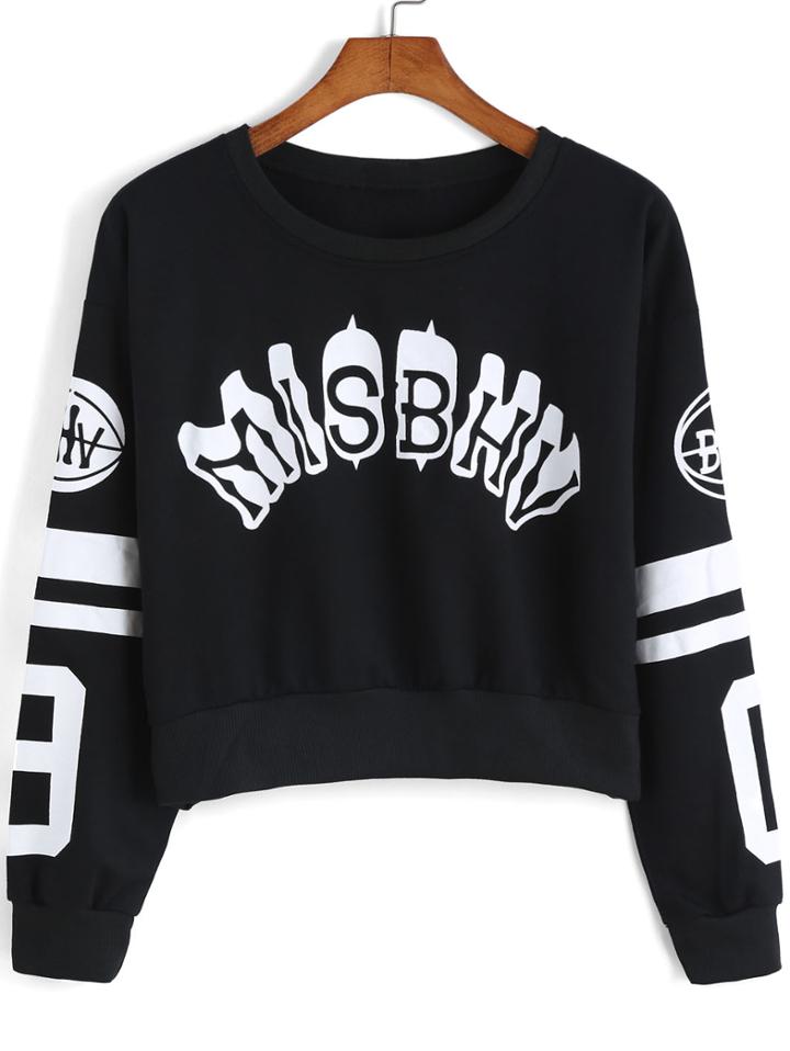 Shein Black Round Neck Letters Print Crop Sweatshirt