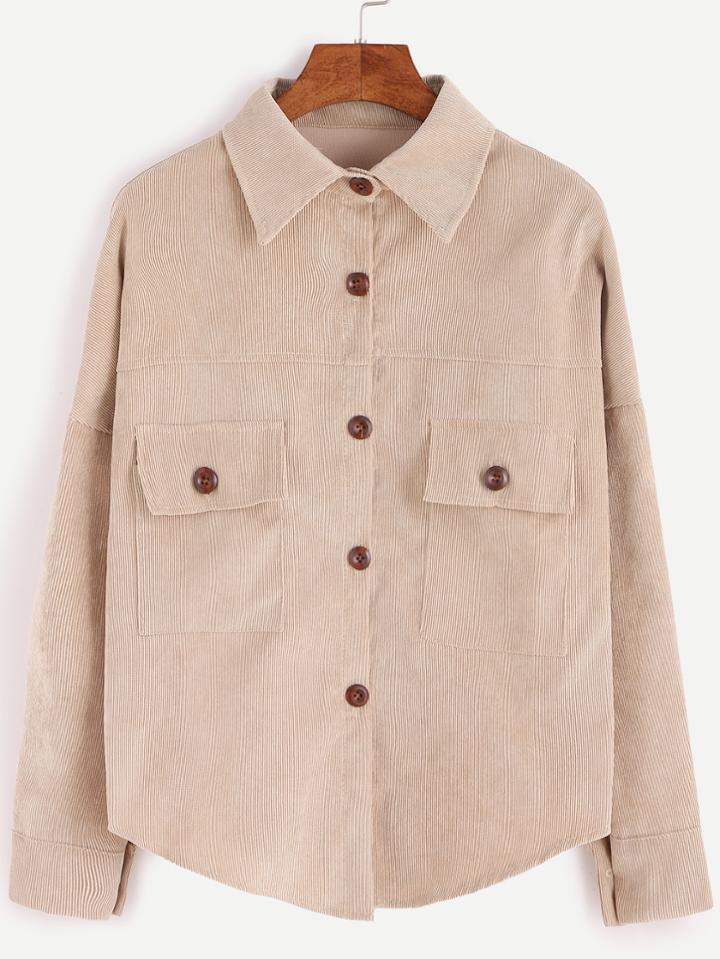 Shein Khaki Drop Shoulder Seam Pockets Corduroy Blouse