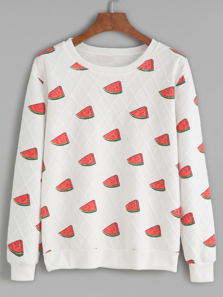 Shein White Watermelon Print Quilted Sweatshirt