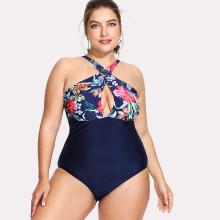 Shein Plus Flower Print Criss Cross Swimsuit
