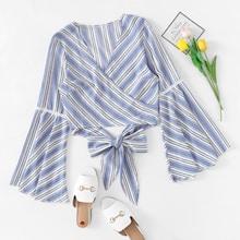 Shein Knot Front Bell Sleeve Striped Top