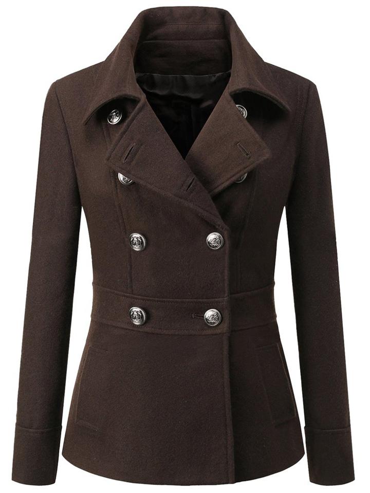 Shein Coffee Lapel Double Breasted Woolen Coat