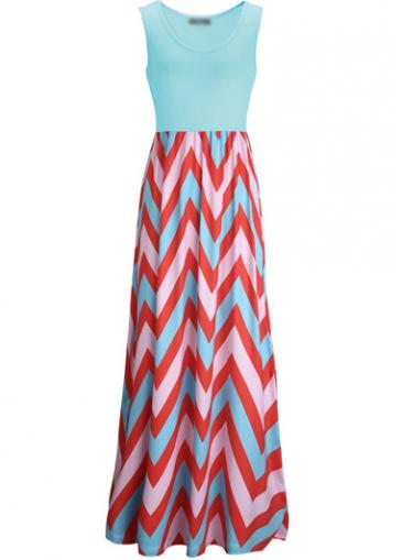 Rosewe Chevron Print Sleeveless Round Neck Maxi Dress