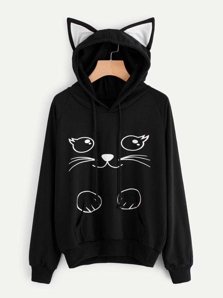 Shein Contrast Cat Ear Cartoon Print Hoodie