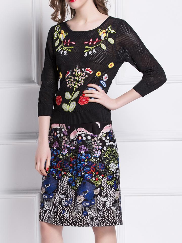 Shein Black Knit Embroidered Top With Print Skirt