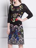 Shein Black Knit Embroidered Top With Print Skirt