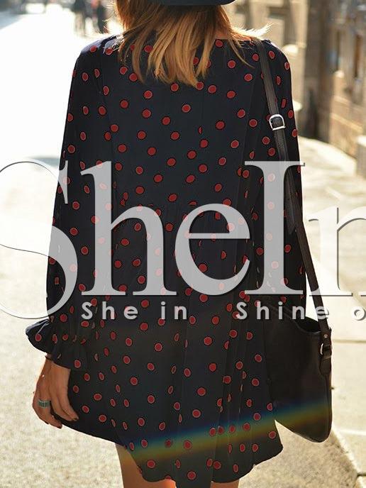 Shein Black Polka Dot Pleated Cuff Shift Dress