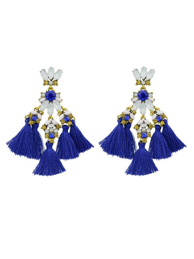 Shein Blue Rhinestone And Colorful Tassel Big Geometric Chandeliers Earrings