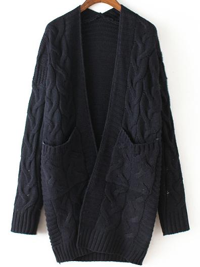 Shein Navy Long Sleeve Cable Knit Pockets Cardigan