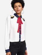 Shein Applique Detail Tie Neck Contrast Trim Blouse