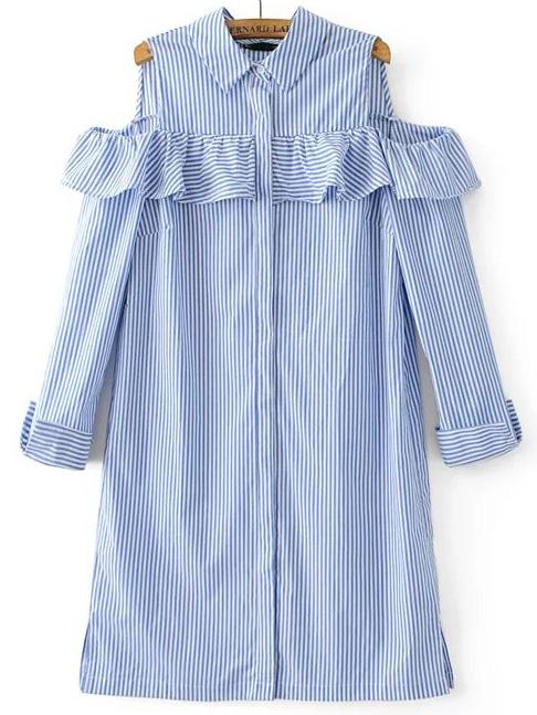 Shein Blue Striped Ruffle Detail Cold Shoulder Dress