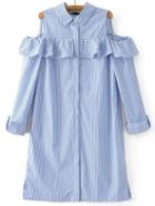 Shein Blue Striped Ruffle Detail Cold Shoulder Dress