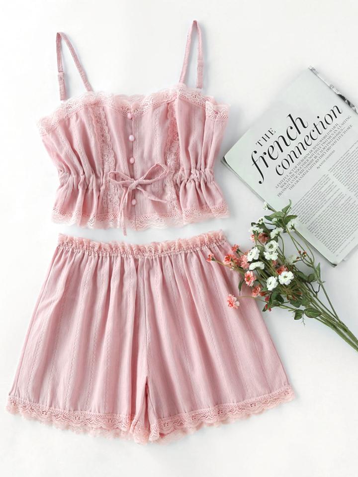 Shein Contrast Lace Cami With Shorts Pajama Set