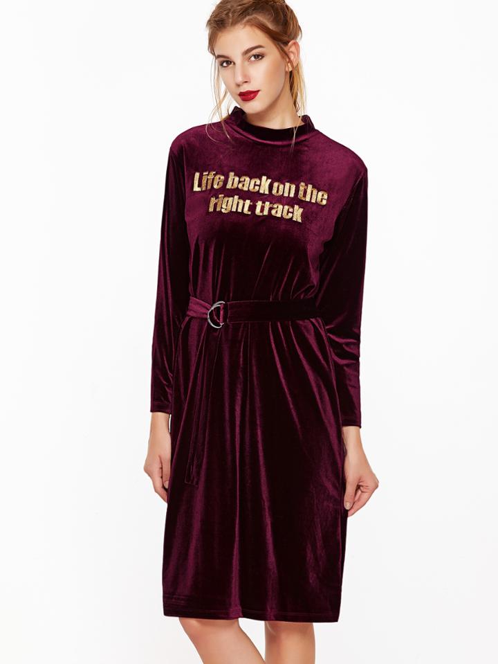 Shein Burgundy Mock Neck Embroidered Velvet Dress With Belt