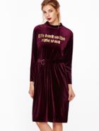 Shein Burgundy Mock Neck Embroidered Velvet Dress With Belt