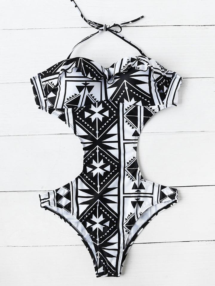 Shein Two Tone Geometric Print Flounce Detail Monokini