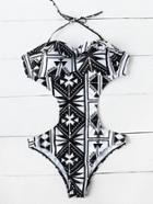 Shein Two Tone Geometric Print Flounce Detail Monokini