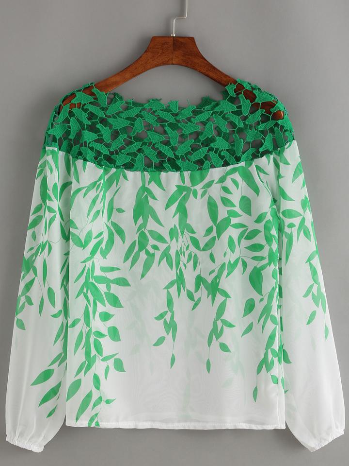 Shein Boat Neck Lace Insert Print Chiffon Shirt