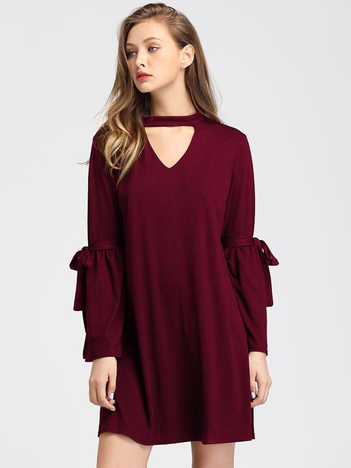 Shein V Cut Choker Neck Fluted Sleeve Tie Detail Dress