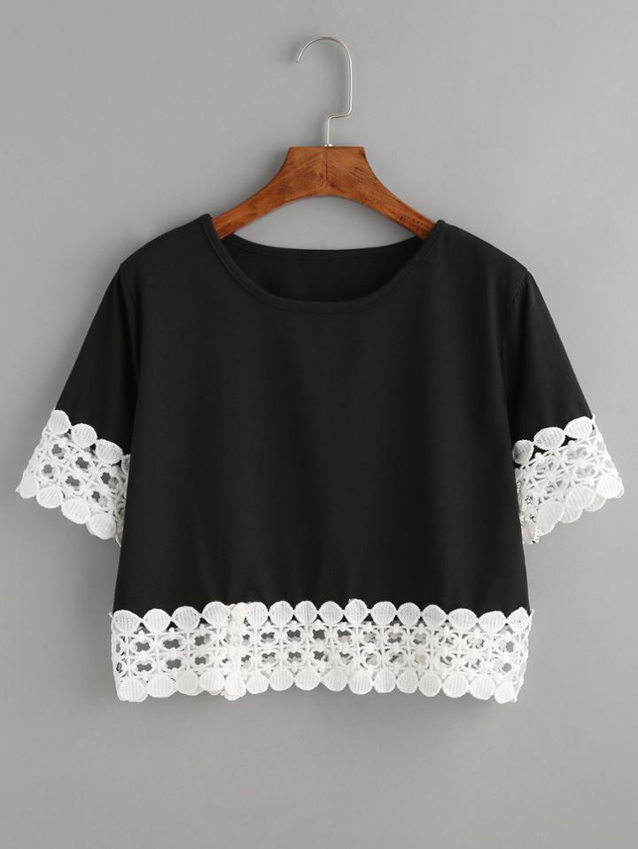 Shein Black Contrast Crochet Trim Crop T-shirt