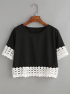Shein Black Contrast Crochet Trim Crop T-shirt