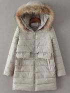 Shein Grey Zipper Detail Padded Coat With Faux Fur Hooded