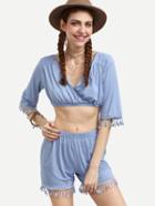 Shein Blue Tassel Trimmed Crop Top With Shorts