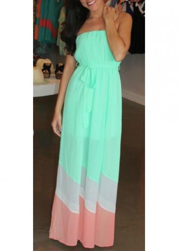 Rosewe Belt Design Strapless Chiffon Maxi Dress