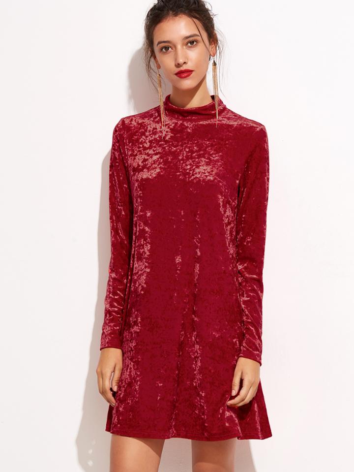 Shein Red Mock Neck Keyhole Velvet Dress